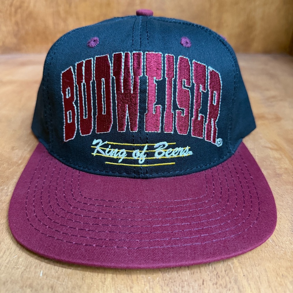 Vintage Budweiser King Of Beers Snapback Hat Cap Two Tone Black Burgundy USA